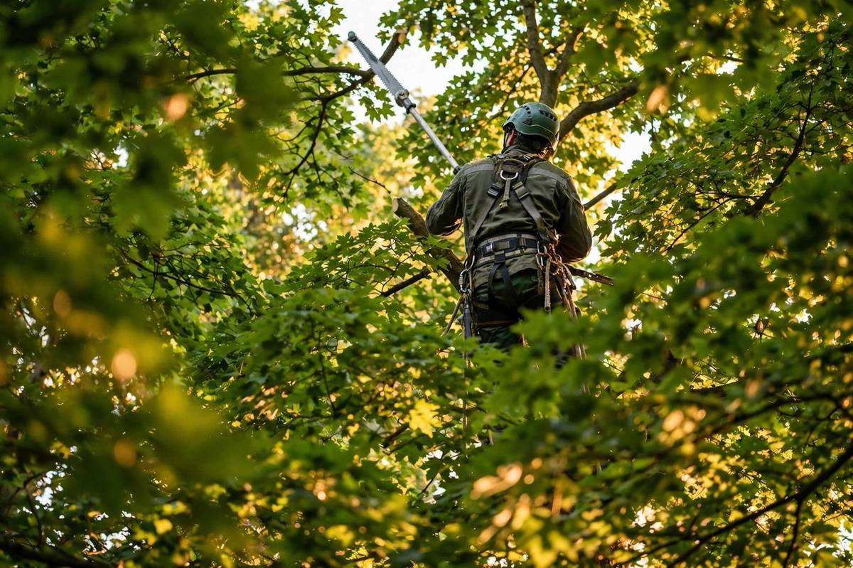 Arborist trimming high in a leafy tree canopy