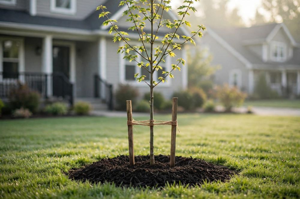 Newly planted young tree with a fresh mulch ring